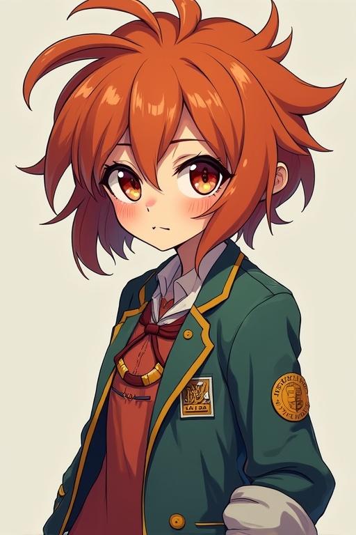 High school girl with impish expression. Short stature. Copper hair styled in tufts. Rolling back blazer sleeves. Brightly colored badges on clothing.