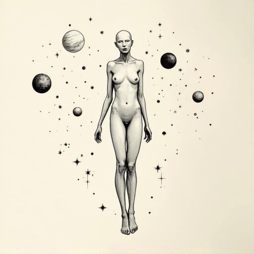 Monochrome minimalist sketch showing a perfectly proportioned human body with no hair or gender. The figure is in a neutral smooth facial area. Depiction includes floating planets and stars surrounding the figure. Delicate ink lines create a serene mood. Inspired by traditional Asian brushwork.