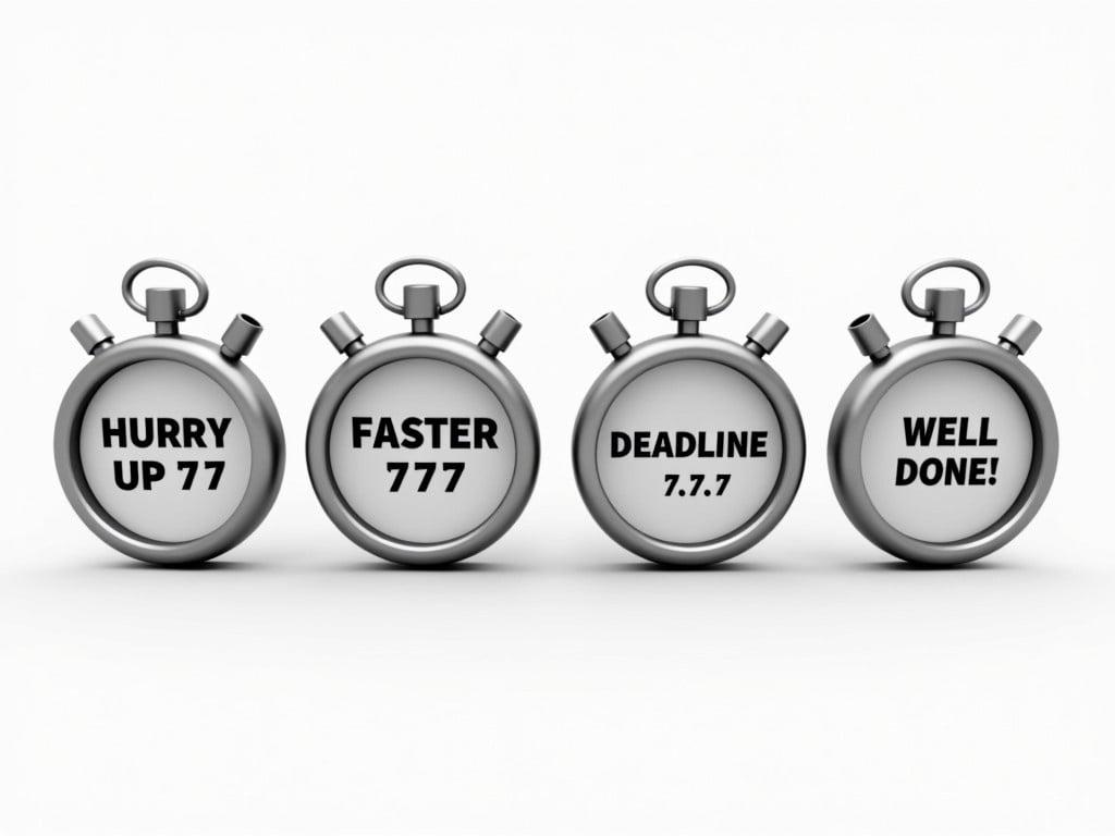 A series of four silver stopwatches displayed in a row. Each stopwatch features bold text on its surface. The first stopwatch has the words "HURRY UP !!!" prominently displayed. The second stopwatch shows the words "FASTER !!!" in large letters. The third stopwatch features the word "DEADLINE !!!" highlighted in striking typography. Finally, the last stopwatch says "WELL DONE !" in an encouraging font. The design aims to convey a sense of urgency and achievement.