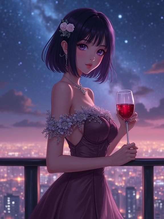 A beautiful anime style lady stands gracefully facing the viewer. She has dark violet hair and violet eyes. A white rose hairpin adorns her hair. She wears elegant earrings and a sparkling silver necklace. Her off-shoulder evening gown has dark brown-lavender tones with floral embroidery. She holds a red wine glass. The background features a starry night and city lights.
