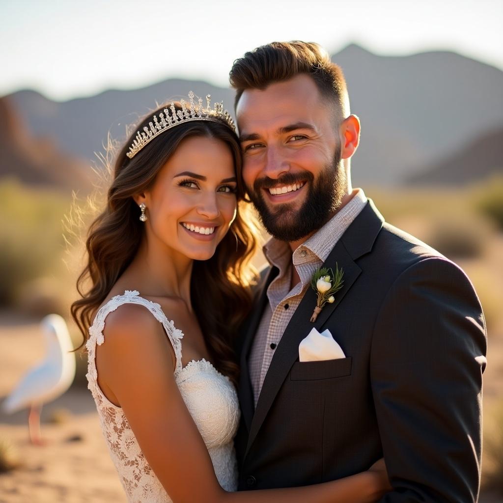 Photograph of a couple in the desert. Mountains blurred in the background. Woman has wavy hair, wears a tiara and vintage dress. Man has a beard and stylish suit. They are smiling and holding each other. A white bird is in the background.