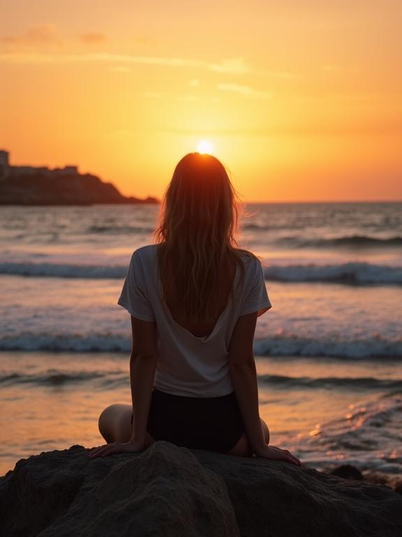 A woman sits on a rock by the ocean. Sunset casts a warm glow in the sky. The woman faces away from the camera. Waves gently crash on the shore. Background features the horizon.