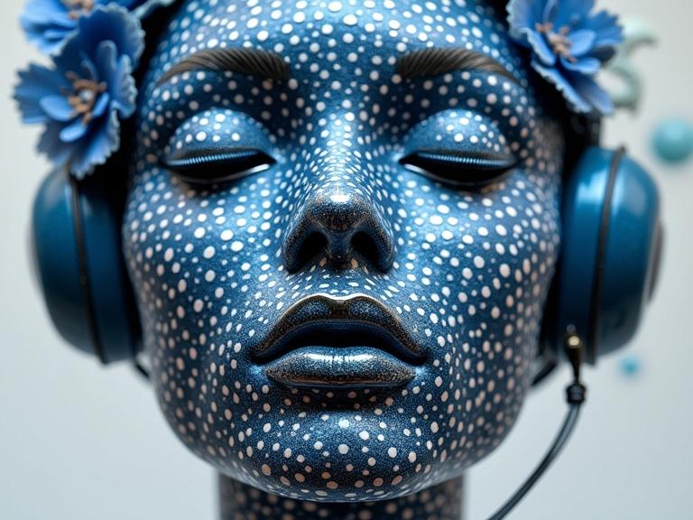 A blue polka dotted titanium robot sculpture adorned with wild blue and white flowers. It features intricate geometric patterns covering its surface. The sculpture has a glossy finish and a calm expression. The background is simple and monochromatic to emphasize the sculpture.