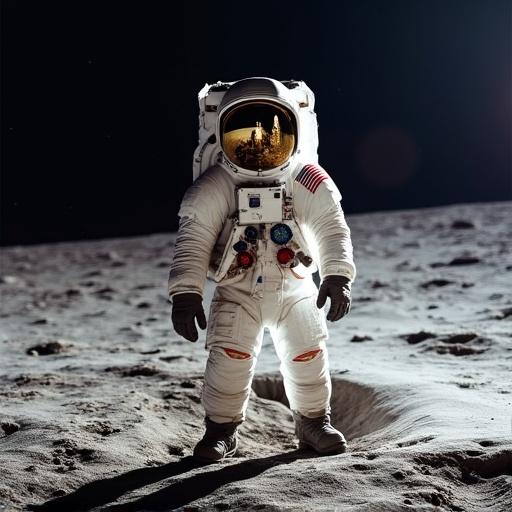 A photo captured by an astronaut using a Hasselblad analog camera. The scene features the astronaut on the lunar surface, showcasing the moon's unique landscape.