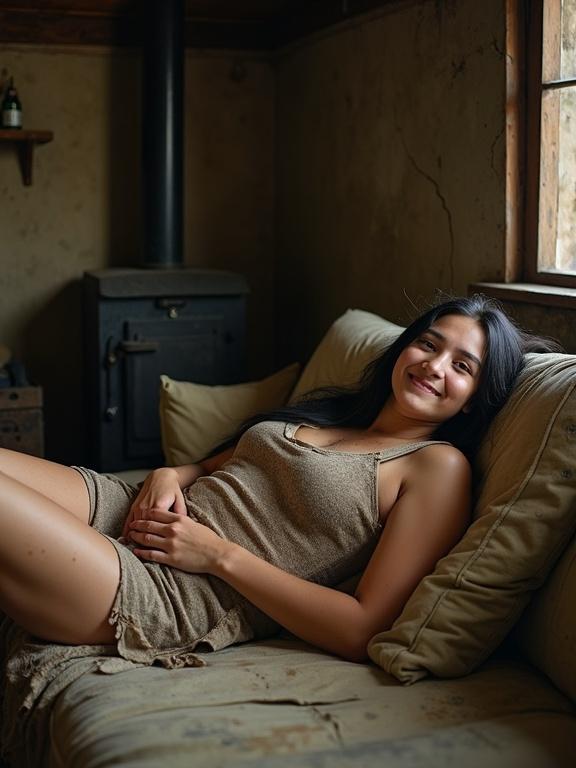 A young gypsy girl reclines on a worn sofa in a rustic cabin. She has dark hair and tanned skin. She wears a thick yuta miniskirt and a tank top. The cabin has cracked walls and a wood stove. Dim light comes through small windows. The girl looks happy and shy. The sofa has tattered cushions and exposed springs.