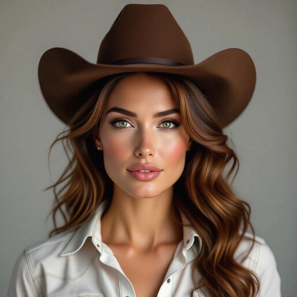 Photorealistic cowboy shot of a woman in her mid 30s in a studio. Even flash lighting with a gray background. High realism in 8K resolution. Long auburn hair in tousled waves. Fair complexion, subtle lines near the eyes. Natural matte texture. Green eyes with thick lashes. Symmetrical features and chiseled jawline. Slender nose and full lips. Subtle smile and curvy body in a ribbed gray bodysuit.