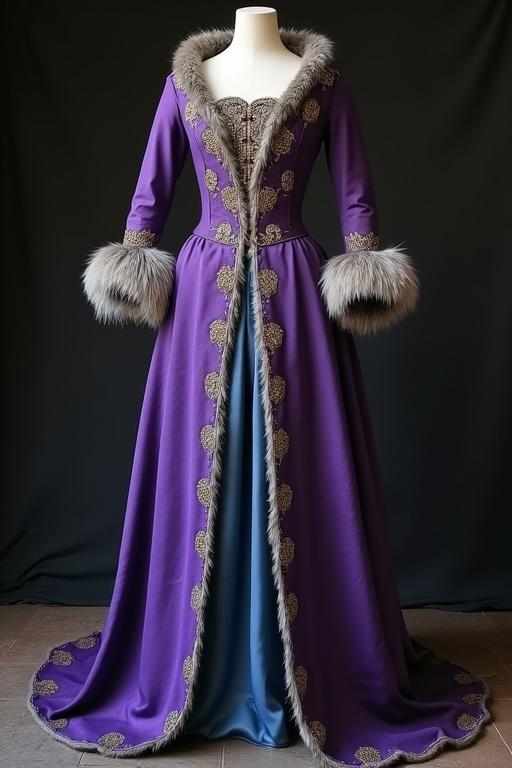 A medieval dress with an outer purple layer and a blue satin underskirt. The outer layer is lined with gray fur, possibly fox. The sleeves have fur lining and sheer fabric. The front features a slit revealing the underskirt with elegant white-gold embroidery.