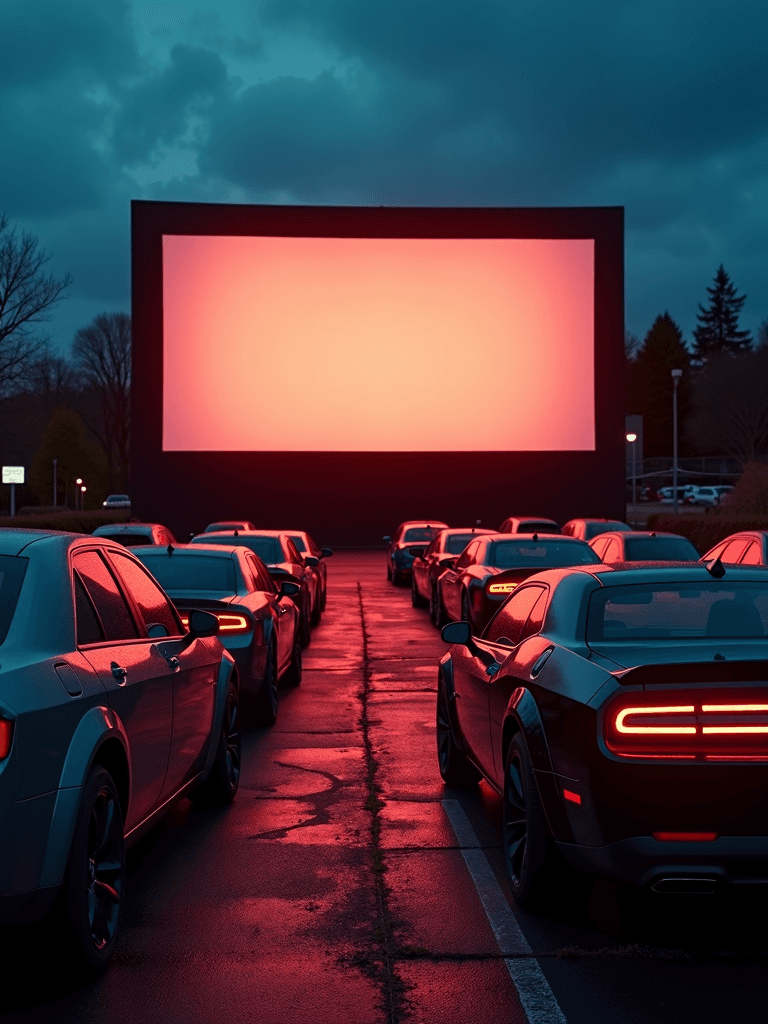 Cars are parked in a drive-in cinema lot, facing a blank red display screen under a moody evening sky.