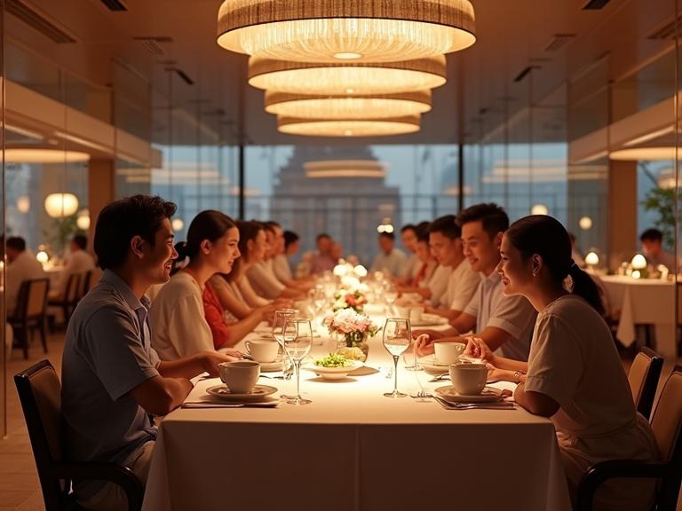 An ultra realistic photo shows Asian guests dining in a luxurious futuristic hotel dining hall. They are wearing casual vacation outfits. The setting features elegant table arrangements and ambient lighting creating a warm atmosphere.