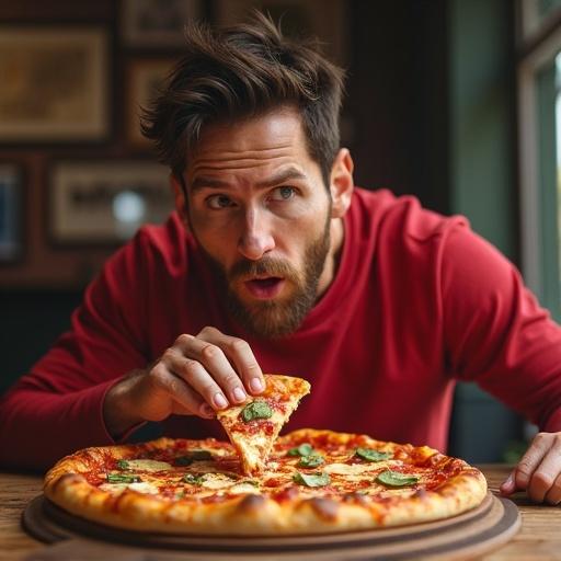 Man with a beard wearing a red sweater sitting at a table. He is looking surprised while taking a slice of pizza from a large pizza. The pizza has toppings like green leaves and melted cheese. The background is softly blurred with restaurant decor.