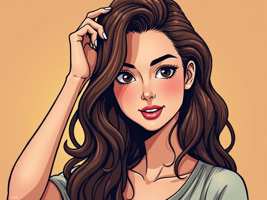 A portrait of a woman styling her hair in a comic style. The woman has curly hair and a bright smile. She wears a red shirt. The background is a warm yellow.