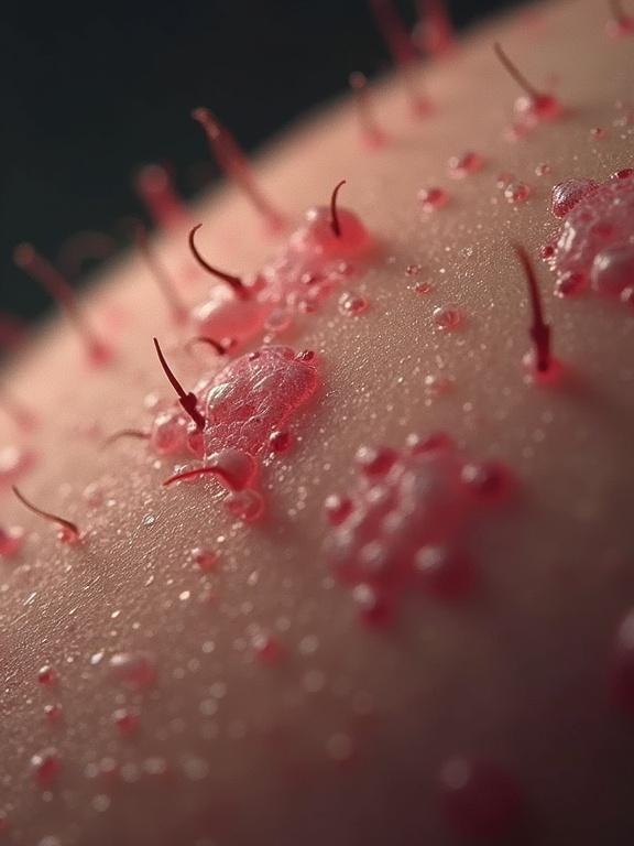 Close-up view of skin showing small bumps with subtle movements. Tiny creatures seem to crawl under the surface. The style is unsettling with a cartoonish horror theme.