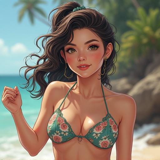 Young Japanese woman with semi-long black hair styled in a playful way. Wearing a floral bikini. At a sunny beach location. Smiling and posing confidently. Dressed in a chic summer outfit.