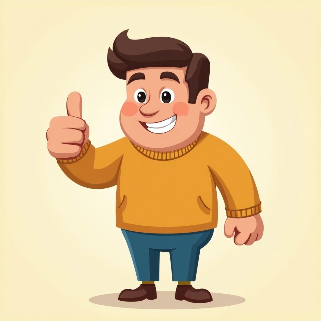 A cartoon character gives a thumbs up gesture. Character is smiling with a friendly expression. The character wears a yellow sweater and blue pants. The background is a soft yellow color. The style is simple and playful.