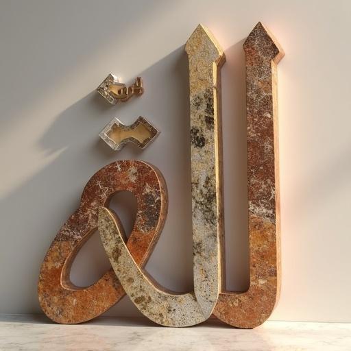 3D typography of the Arabic word 'التميز'. Each letter crafted from marble, wood, stone, and glass. Ultra realistic texture. Luxury real estate style. High detail. Cinematic lighting. Modern background with natural tones.