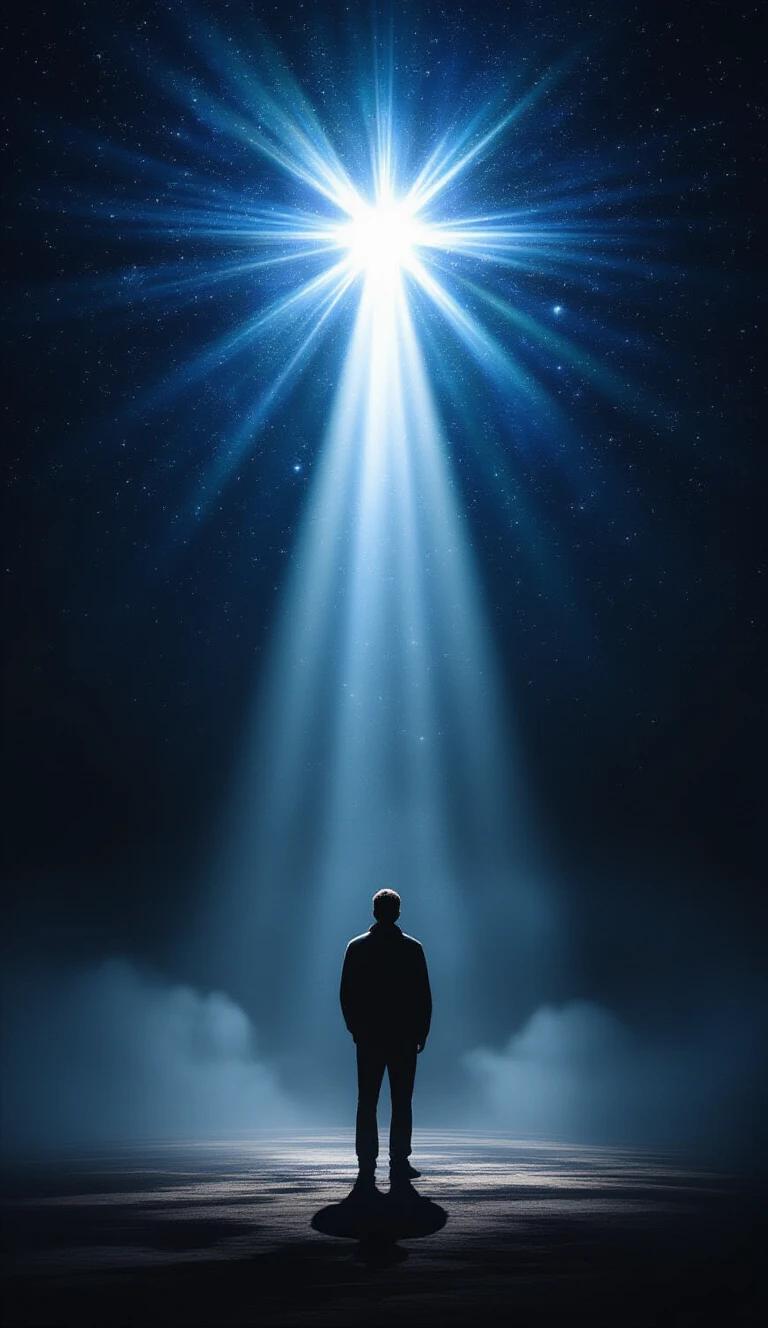 A beam of heavenly light shines from above onto a man standing alone in darkness. A sense of intense spirituality and enlightenment fills the atmosphere.
