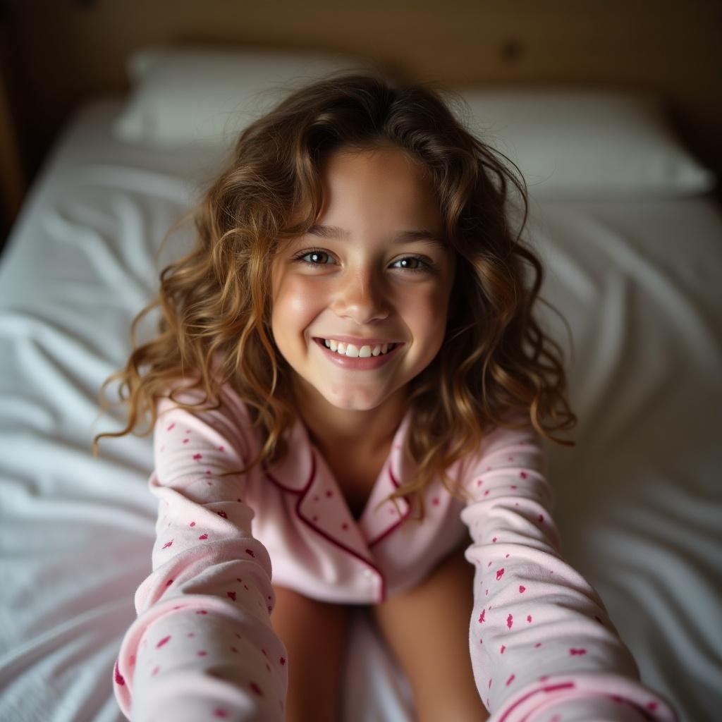 A teen with wavy hair taking a selfie in bed while wearing short pajamas. The photo is taken from above, showcasing a relaxed and cozy atmosphere.