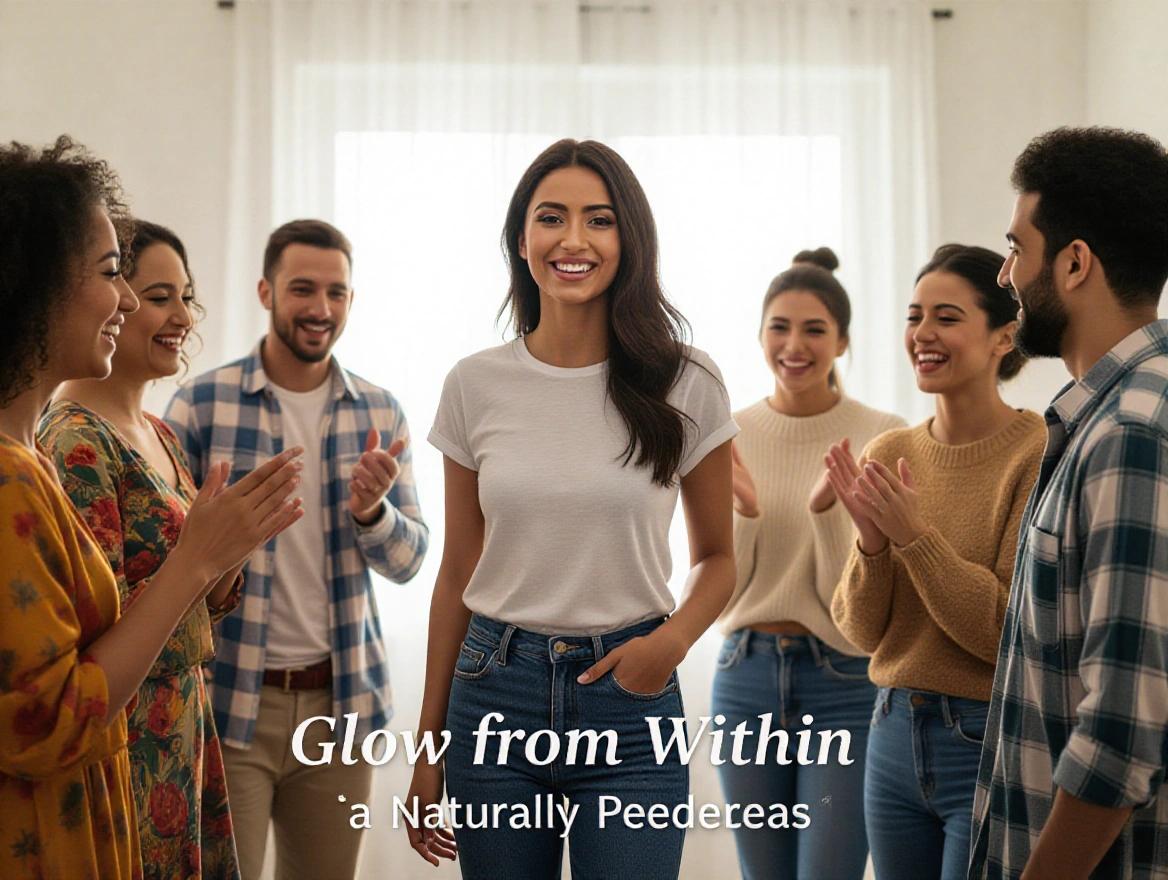 Woman walks into a room filled with friends. Everyone admires her glowing skin. She has a bright, confident smile. Focus on her radiant skin. Lighting enhances the glow with a soft halo. Friends show admiration. Caption: ‘Glow from within. Naturally.’