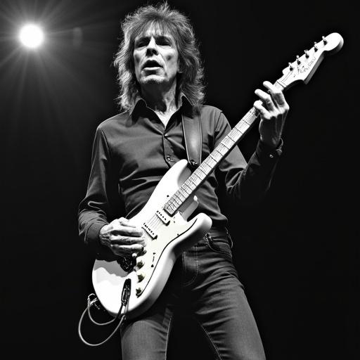A performer plays electric guitar during a concert. The dynamic pose showcases the excitement of live music. The lighting adds dramatic flair. The background is dark. The audience's energy is palpable. The focus is on the musician's technique.