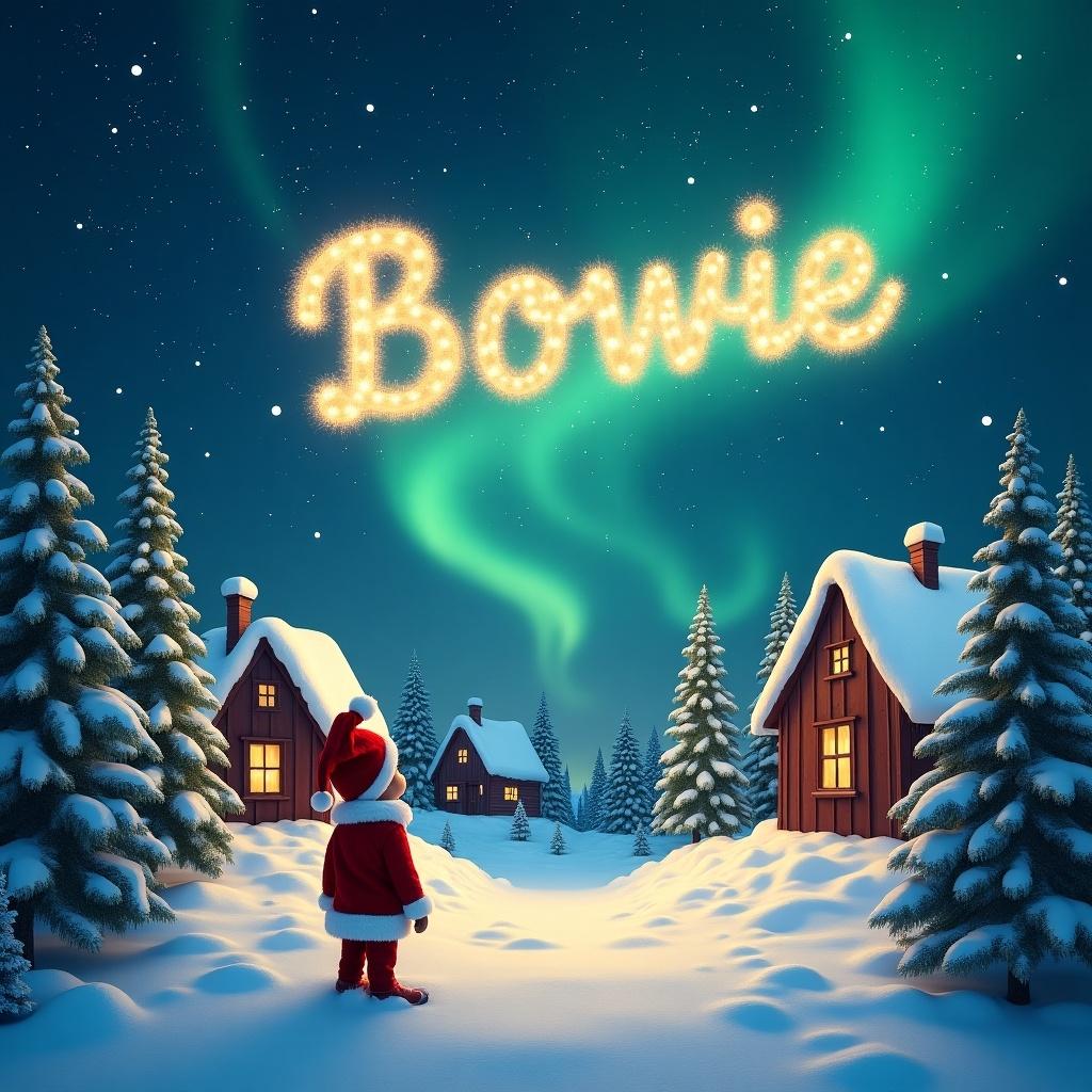 Snowy landscape with charming houses and evergreen trees illuminated by Northern Lights. A playful elf in Santa attire watches as the name 'Bowie' sparkles in the sky. The scene represents Christmas magic and joy.