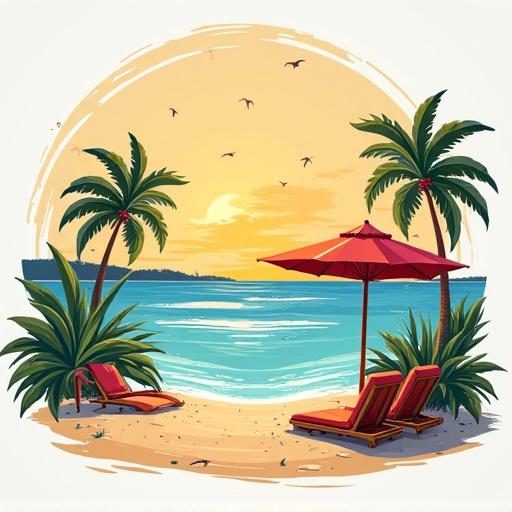 Drawing of a summer beach scene with palm trees lounge chairs and an umbrella at sunset