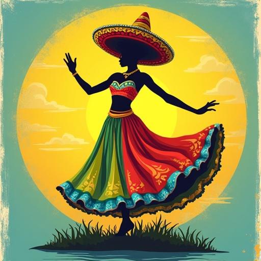 Modern and colorful style representing joy and cultural heritage. Silhouette of a dancer wearing a sombrero. Bright yellow sun in the background with tropical waves. Vibrant colors inspired by Brazil and Mexico. Slogan promoting flavor and rhythm in every bite.