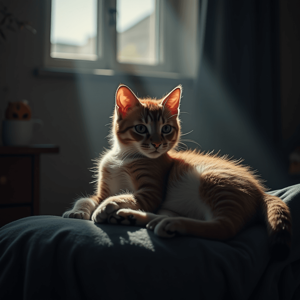 A ginger cat basks in a sunbeam on a cozy bed.