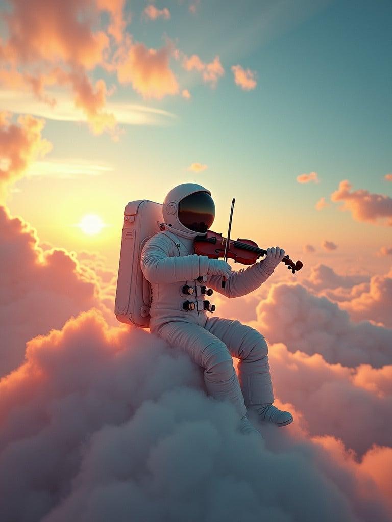 An astronaut playing a violin sitting among colorful clouds during sunset with a rainbow. High quality and masterpiece image.