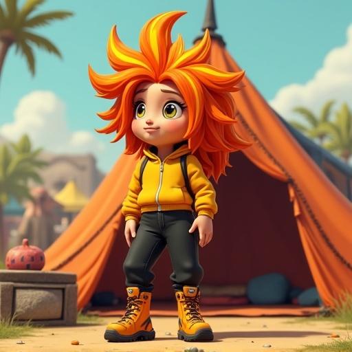 A cartoon character stands outside a tent at a music festival. Character has luminous orange hair with yellow streaks. Wearing a yellow tracksuit top, black pants, and orange hiking boots.