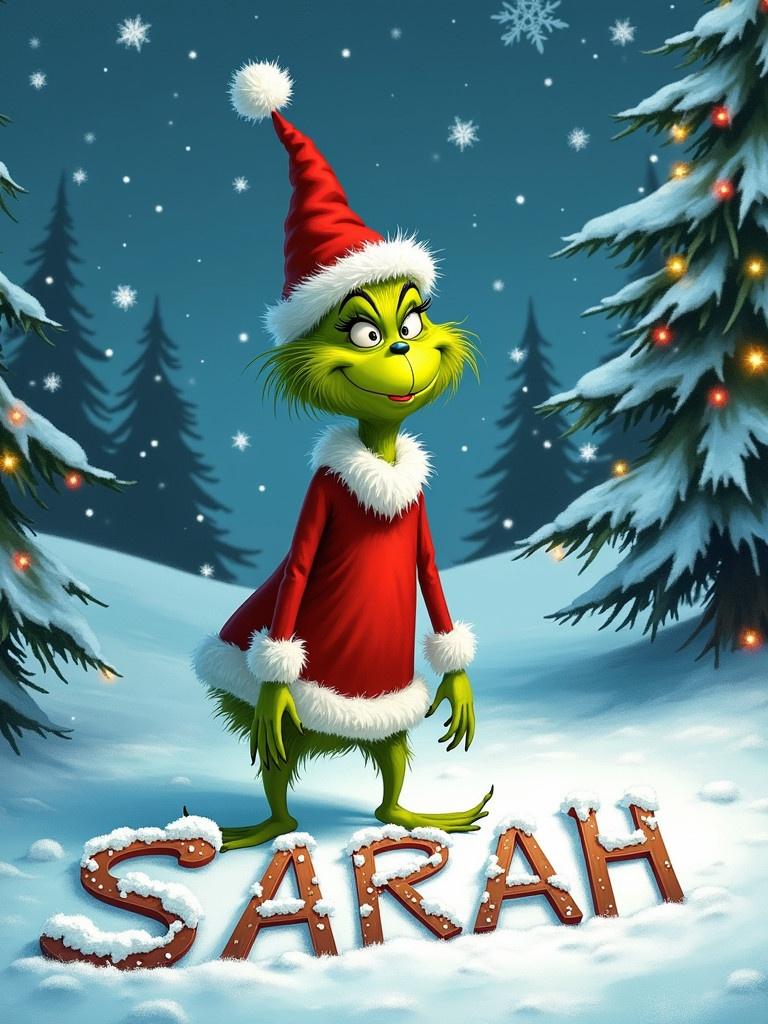 Grinch character draws the name Sarah in snow. Festive Christmas trees surround. Snowflakes falling from the sky. Grinch wears a red Santa outfit with white fur.