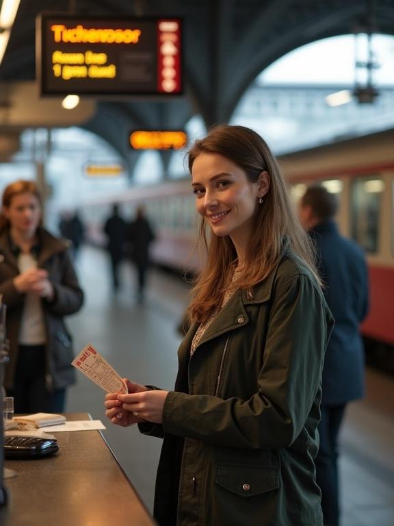 A beautiful woman buys a train ticket at a ticket stand in a train station with a blurred train in the background.