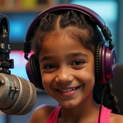 Image of a young mixed race girl smiling while playing music in a radio station. She wears headphones and is near a microphone. Background suggests a lively music environment.