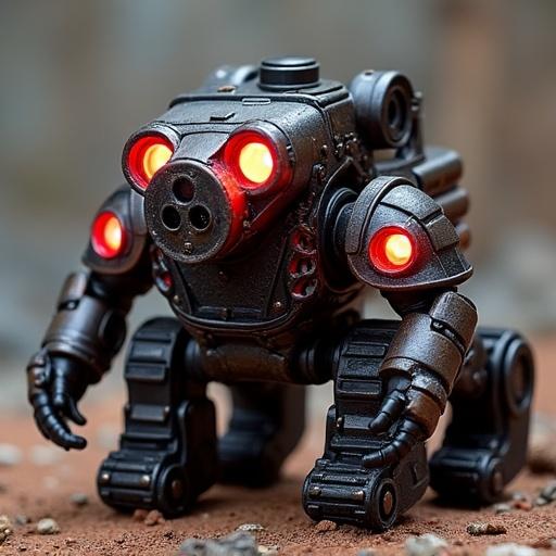 Design tank-like monster with treads for legs. Include exhaust pipes on shoulders. Armor plates stained with fuel. Head resembles broken gas mask fused with mechanical jaw. Use black and dark bronze colors with red LED glow. Create a cartoonish look like collectible toy.