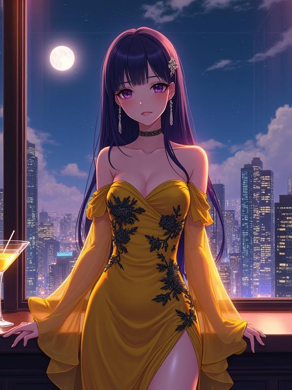 A woman stands gracefully in an upscale lounge in front of a large window. She has sharp violet eyes and long dark violet hair. She wears a shiny yellow off-shoulder gown with black floral patterns. Yellow sheer sleeves flare at the cuffs. A gold cocktail sits on the bar counter. Through the glass, a vibrant city skyline is visible at night with a full moon casting a glow.