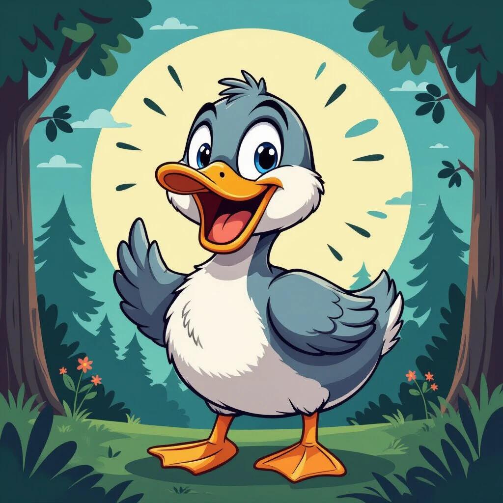 Cartoon duck smiling and waving in a forest setting with a large moon behind him. The duck appears very cheerful and animated. The background includes trees and flowers.