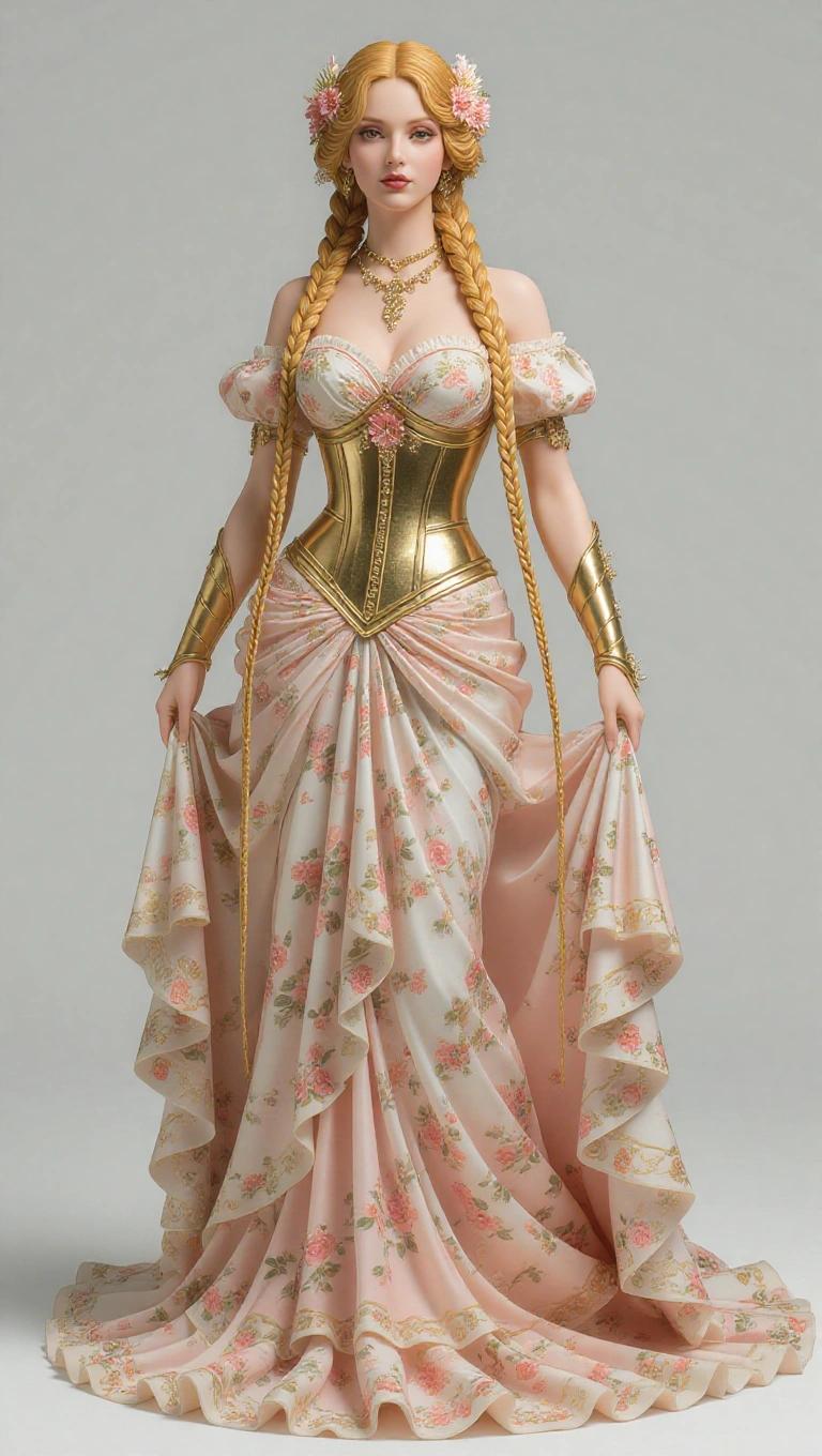 Resin statue depicting a goddess inspired by Virgo. Sensual woman with long braided golden hair and flowers. Stands in a queenly pose, elegant and symmetrical. Wears a long powder pink and gold floral dress, cinched waist, flowing train. Gold corset with armor-like neck guards. Her expression conveys purity and inner strength. Base adorned with flowers and marble.