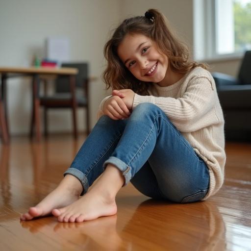 A girl with a joyful expression. She wears jeans and is barefoot. She sits on a highly reflective wooden floor. The setting has soft natural lighting. A relaxed atmosphere fills the room.