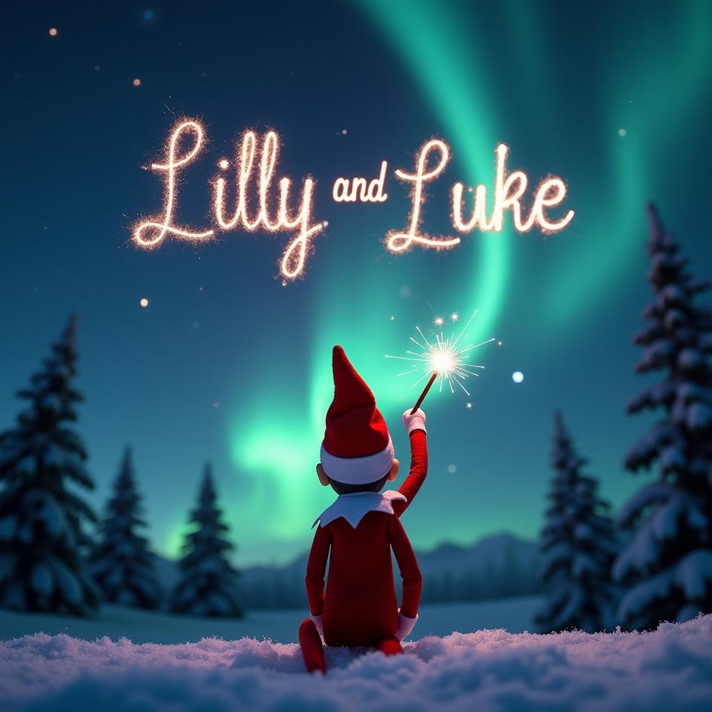 This image showcases an enchanting scene capturing an elf on the shelf positioned with its back to the viewer. The elf, dressed in a traditional red outfit, faces upwards towards a stunning dark sky filled with vibrant northern lights. With a magic wand in hand, it elegantly writes the names Lilly and Luke in sparkling letters against the backdrop. The snowy ground adds a serene touch to this magical moment. Overall, the atmosphere is filled with wonder and holiday joy, perfectly embodying the essence of Christmas.