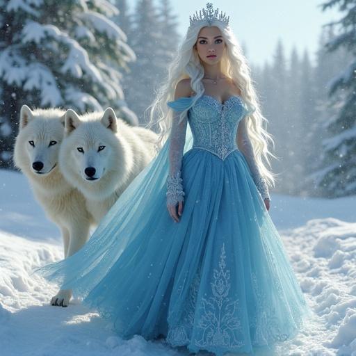 Snow Queen riding in a sleigh pulled by two white wolves in a snowy environment. She has long white hair with blue streaks. Wears a blue gown with frost crystals. Elegant expression in a snowy rose garden.