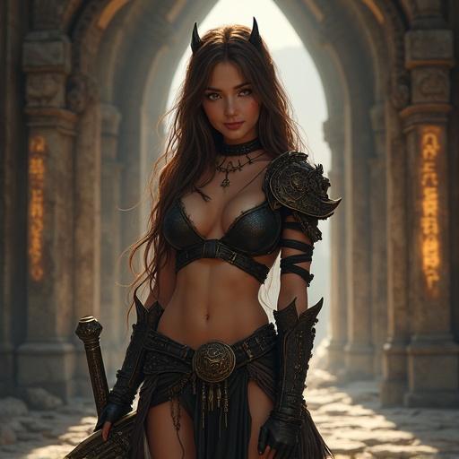 A female warrior with a demon-inspired look. Wears revealing dark armor and leather straps. Exposes midriff and upper thighs. Has small demon horns and glowing eyes. Long flowing brown hair. Holds large sword on shoulder. Smiles gently. Poses confidently. Background is ancient ruined temple with gothic arches. Cinematic lighting. Fantasy illustration style. Highly detailed. Full body.