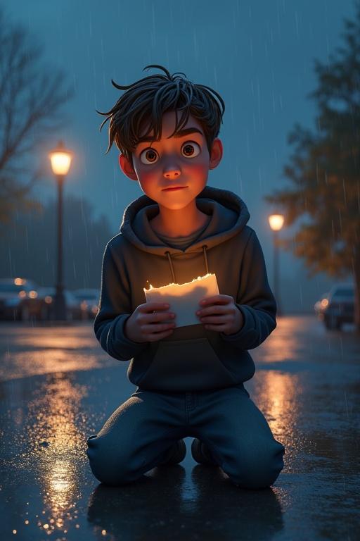 Highly stylized cartoon scene in a Pixar-like 3D animated world. Kind-hearted young man kneeling in a dimly lit magical parking lot. He wears a dark hoodie soaked from rain. Clutching a crumpled glowing letter. Background features silhouette of a man in gray tuxedo near flickering lamppost. Magical raindrops reflect his expression. Cinematic lighting isolates him in a cone of sorrow. Scene filled with emotional tension and dramatic atmosphere.