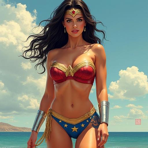 Wonder Woman character depicted with a modern bikini on a beach.