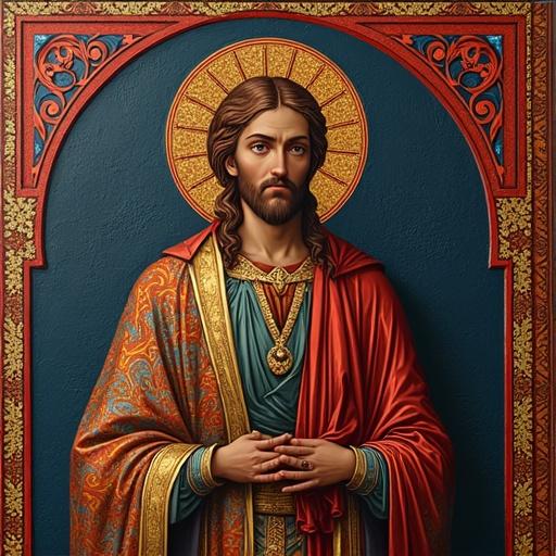 Portrait of a historical figure dressed in rich, vibrant robes. The figure stands proudly. Background features intricate patterns and colors suggestive of divine or historical significance. The attire is elaborate with a focus on textures and details.