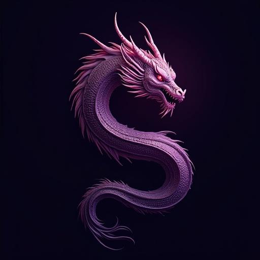Dragon in spiral shape minimalistic design purple with golden light tones against black background for logo
