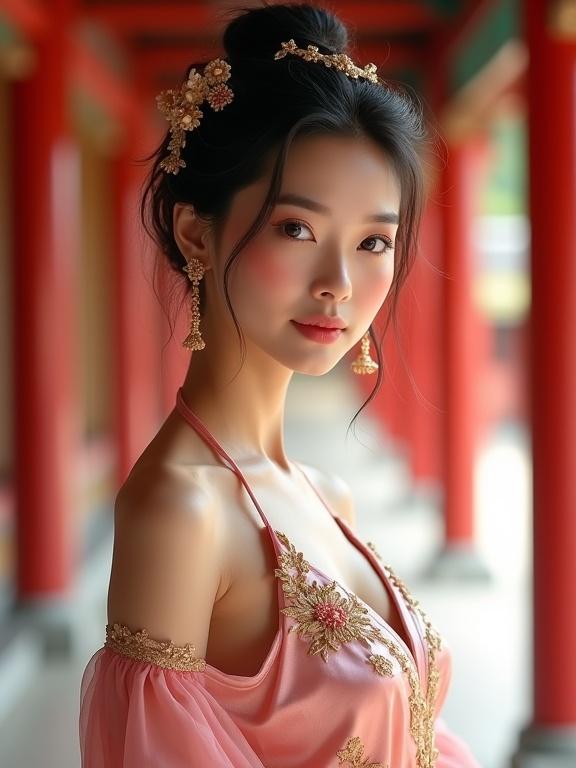 Portrait of an elegant Asian woman with porcelain skin. She has glowing cheeks and pink blush. Large brown eyes with confident gaze. Dark brown hair styled in intricate updo. Golden floral hair accessories and tassels. Wearing luxurious shiny pink silk dress with gold embroidery. Dress features floral designs and flowing sleeves. Fitted bodice enhances her figure. Poised and graceful pose. Background shows ancient Chinese temple with red pillars. Scene has warm magical atmosphere. Flash photography style in 8K resolution.