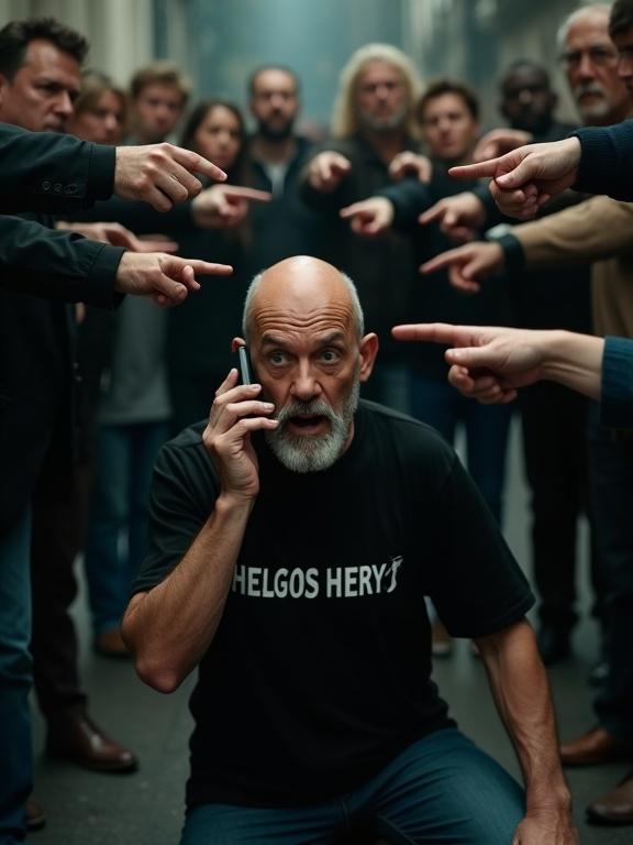 A tense circle of angry people point fingers at an older bald man. The man kneels in the center, wearing a t-shirt with the text 'HELGOS HERY'. He holds a phone, showing fear and desperation. The background is dim and urban. The lighting is cinematic, creating an intense atmosphere.
