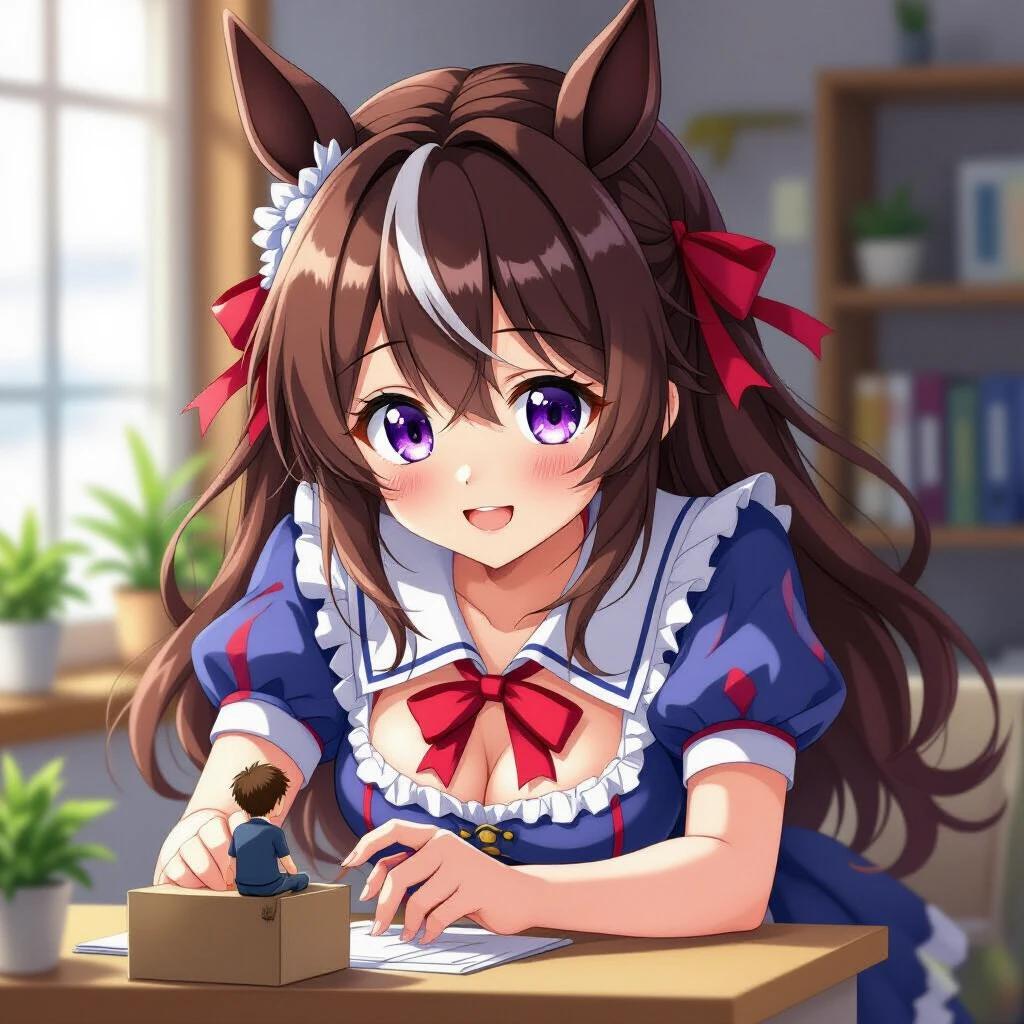 Giant anime woman with horse ears and long brown hair. She has big purple eyes. She wears a blue and white frilly uniform with a red ribbon. She interacts playfully with a tiny man on a desk. Emphasis on size difference. Ultra-detailed anime style with soft lighting.