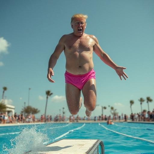 Trump wearing pink swimming trunks jumping from a low springboard. Afraid expression. People around pool.