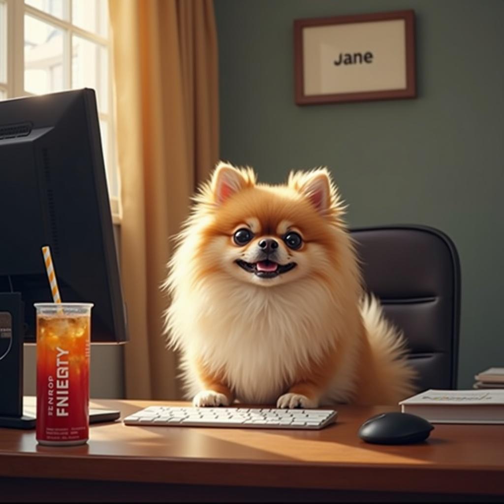 A Pomeranian dog sits at a computer desk. An energy drink is on the desk. A sign saying Jane is in the background.