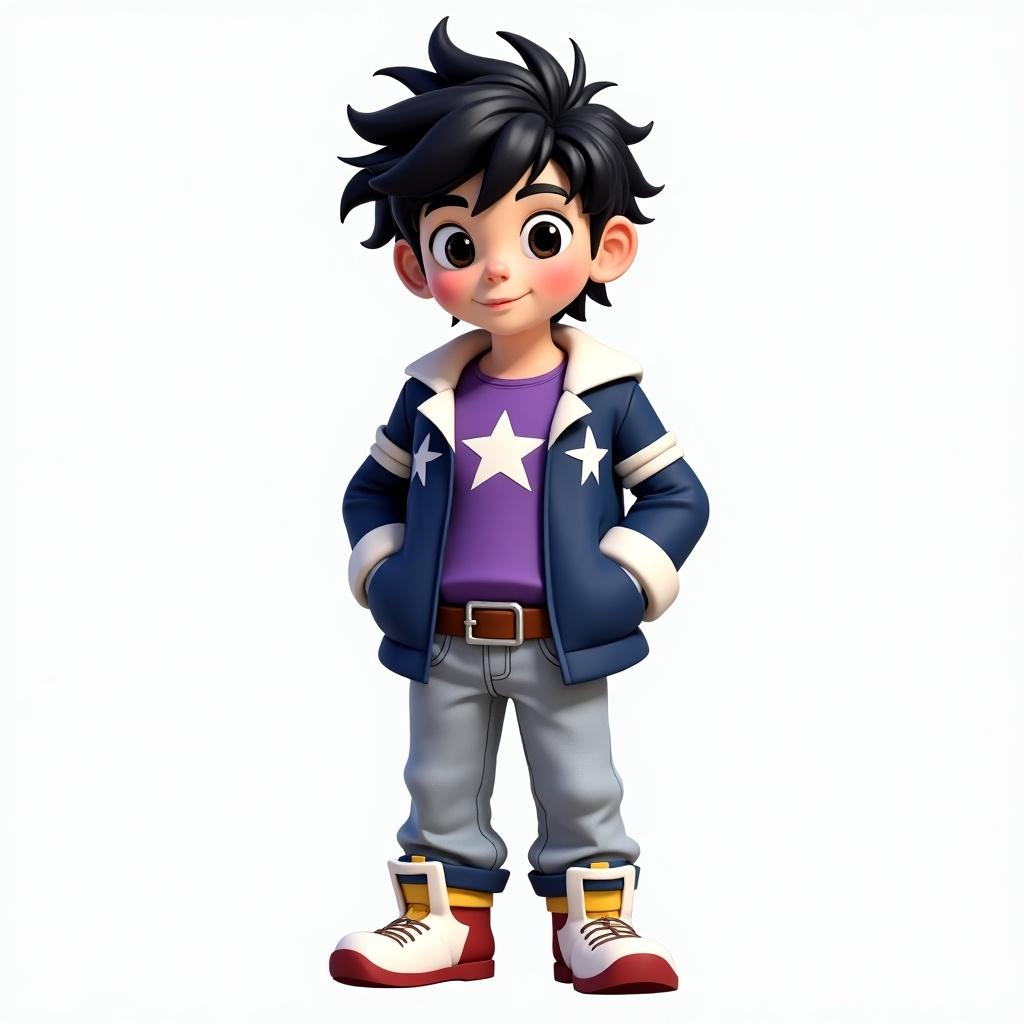 Young boy character with black hair and big black eyes. Wears a purple star shirt and blue jacket. Light gray jeans and white with red and blue boots.